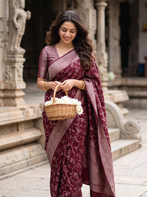 Banarasi Silk Maroon and Zari Floral Branch Saree