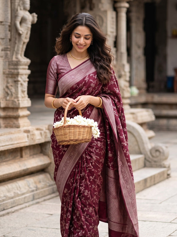 Banarasi Silk Maroon and Zari Floral Branch Saree