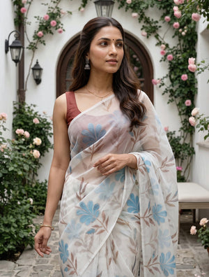 Organza Off-White Turquoise Watercolor Floral Print Saree with White Tassels