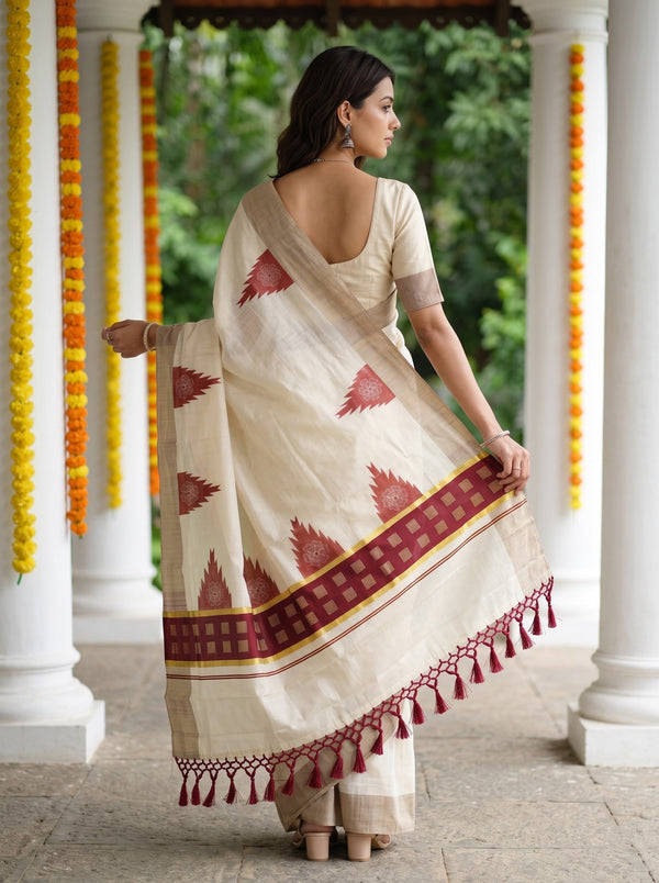 Tissue Cream Kerala Saree with Maroon Temple Motif Pallu and Tassels