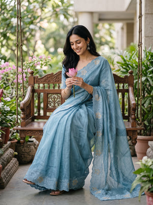 Organza Teal Blue Floral Vine Embroidered Cutwork Applique Border Saree