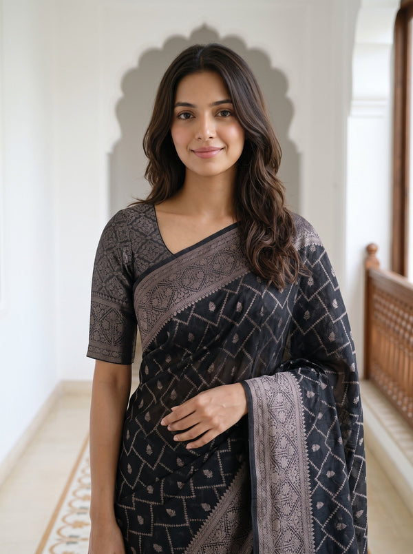 Semi Silk Black Saree with Zari Jaal Pattern and Floral Border