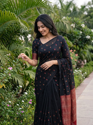 Cotton Black Saree with Multicolor Floral Butta Pattern