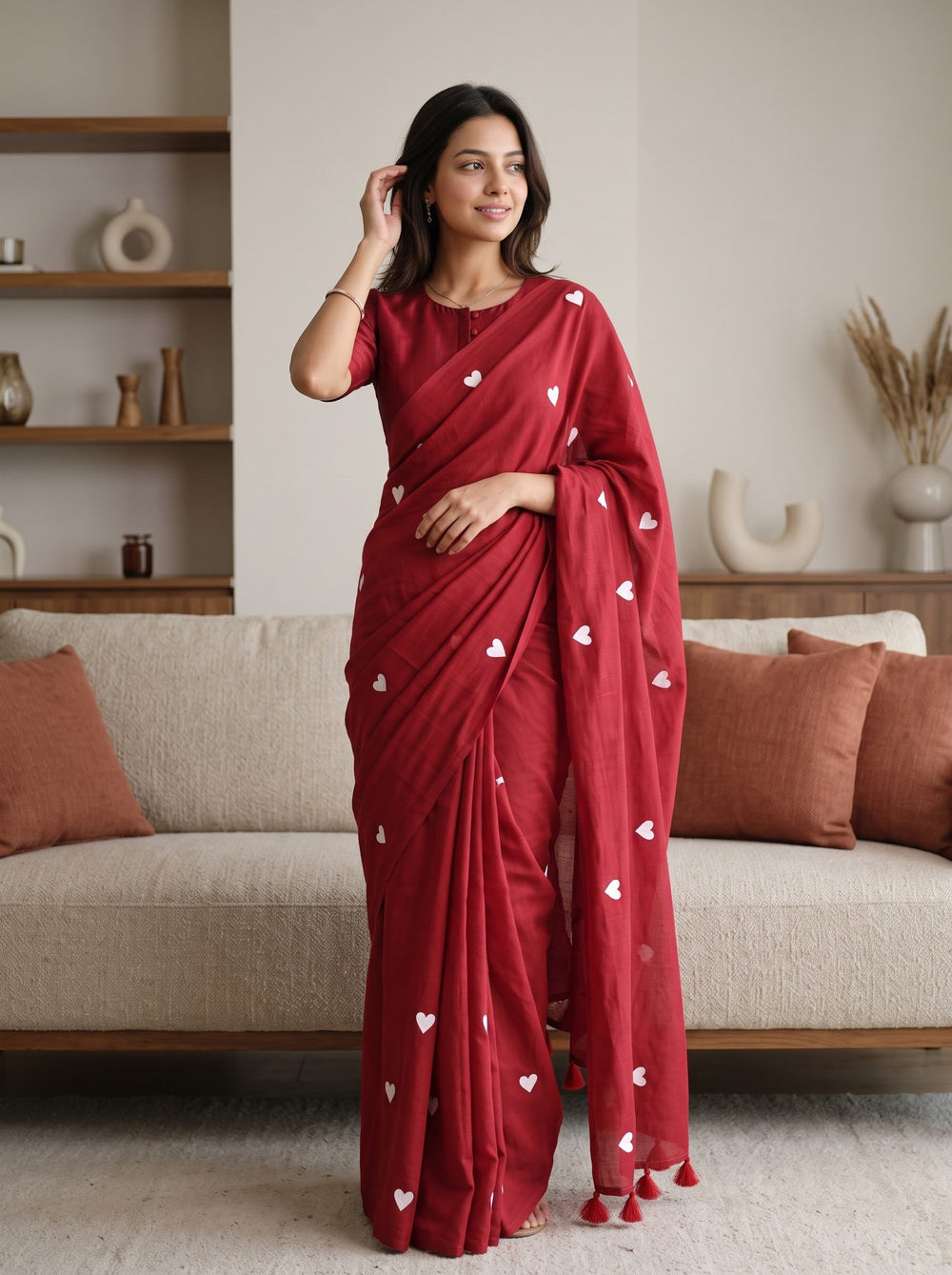 Mul Chanderi Red Saree with White Heart Print and Tassels