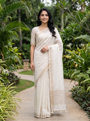Semi Tussar Cream Geometric Pattern Saree with Striped Border and Tassels