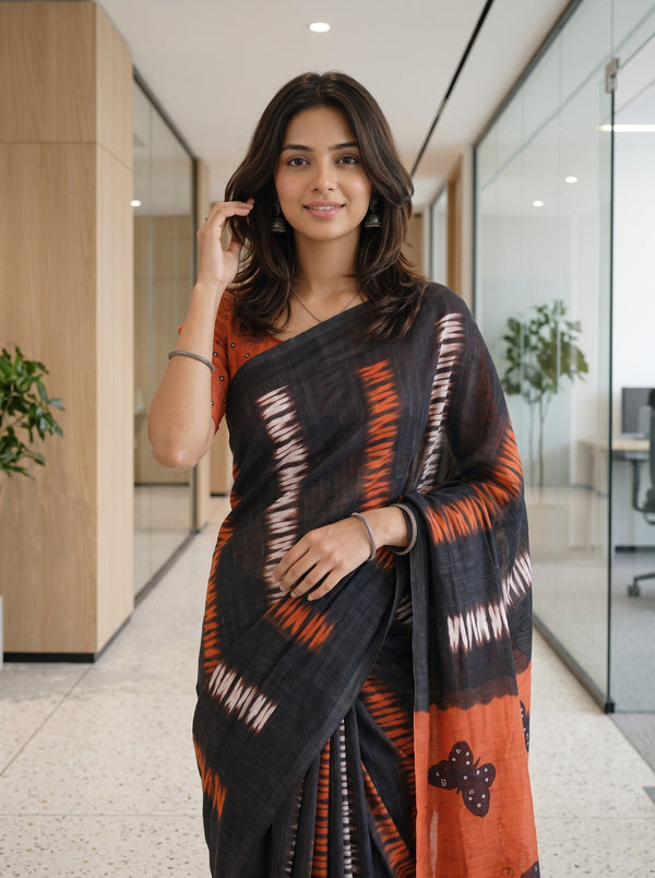 Cotton Black Saree with Orange Butterfly Print Pallu
