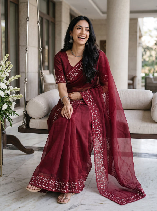 Organza Red Sequin Border Zari Floral Embroidered Saree