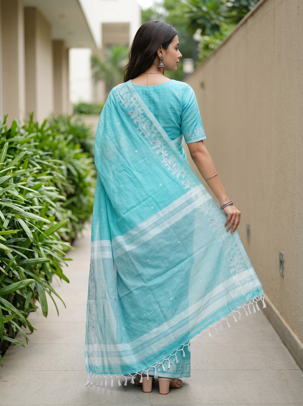Cotton Teal Grey-Blue Dual-Tone Saree with White Floral Vine Border