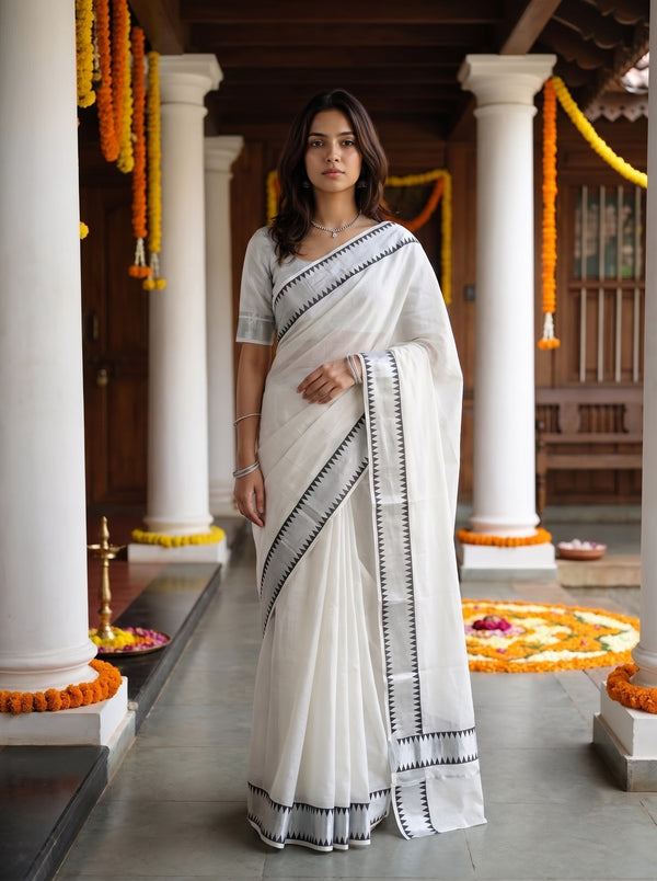 Tissue White Black Geometric Triangle Silver Zari Border Onam Special Kerala Saree