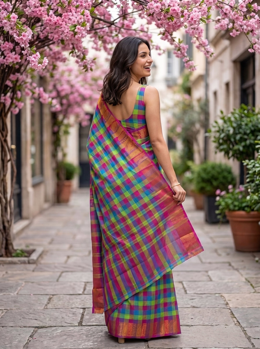 A woman stands outdoors on a stone walkway under pink flowering trees, wearing a bright multicolor plaid saree with a pink border and green, blue, yellow, and orange check pattern.