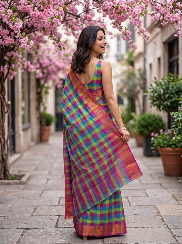 Cotton Multicolor Madras Kattam Saree with Gold Peacock Border