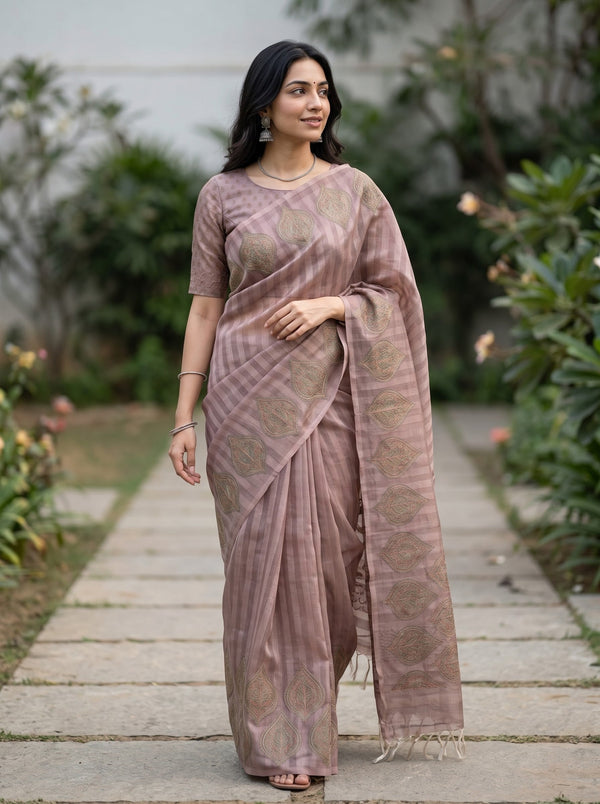 Tissue Saree in Brown with Intricate Paisley Woven Design