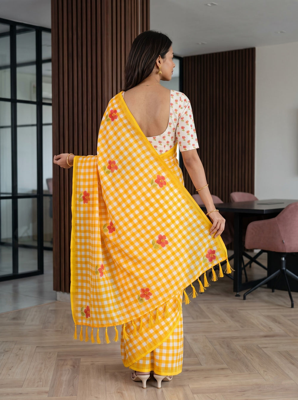 Cotton Saree in Yellow-Orange Gingham Check with Red Hibiscus Print