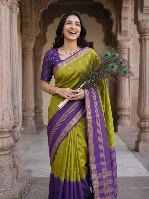 Semi Silk Olive Green Purple Mix Fabric Coin Motif Saree