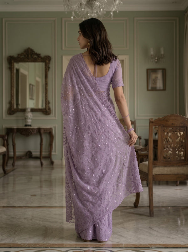 Organza Mauve Saree Self-Tone Vine Design with Sequin Work