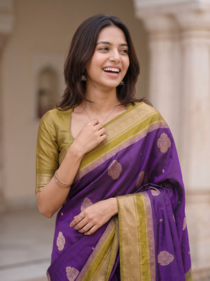 Semi Silk Deep Purple Golden Zari Scattered Butta Saree