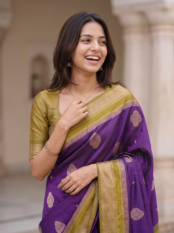 Semi Silk Deep Purple Golden Zari Scattered Butta Saree