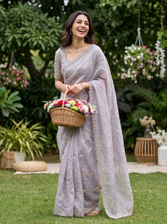 Organza Lilac Grey Bead Sequin Wave Stripe Floral Embroidered Saree