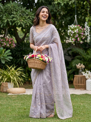 Organza Lilac Grey Bead Sequin Wave Stripe Floral Embroidered Saree