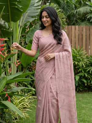 Linen Saree in Dusty Pink with Embroidered Fern Leaf Vine Design