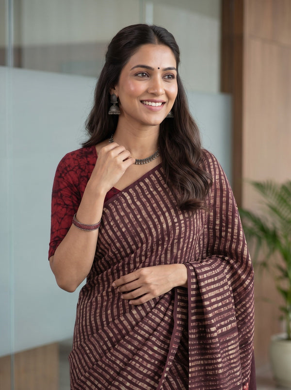 Modal Wine Red Batik Medallion Triangle Border Saree