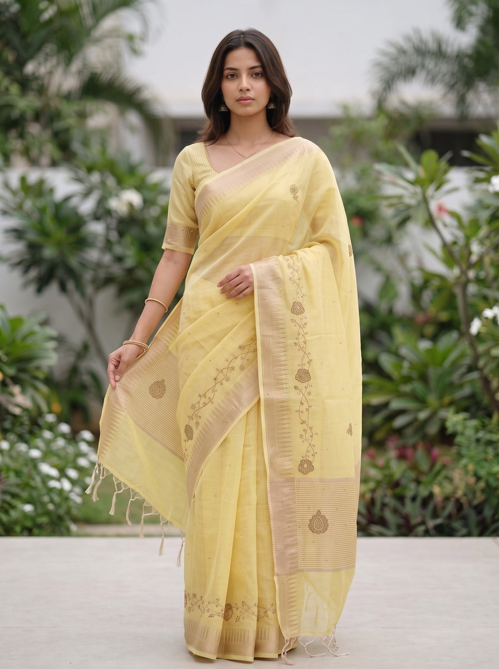 Linen Yellow Saree with Gold Bead Floral Vine Border