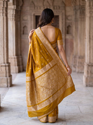 Banarasi Mustard Yellow Saree with Golden Floral Motifs and Intricate Zari Border & Pallu