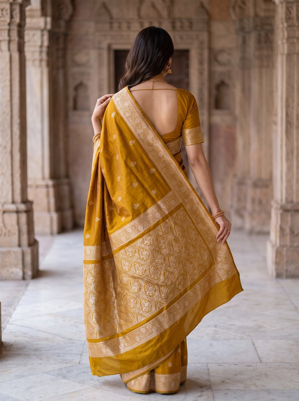 Banarasi Mustard Yellow Saree with Golden Floral Motifs and Intricate Zari Border & Pallu