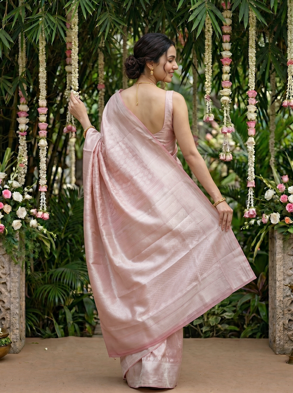 Kanjivaram Blush Pink Saree with Self-Tone Floral Booti Weave & Satin Border