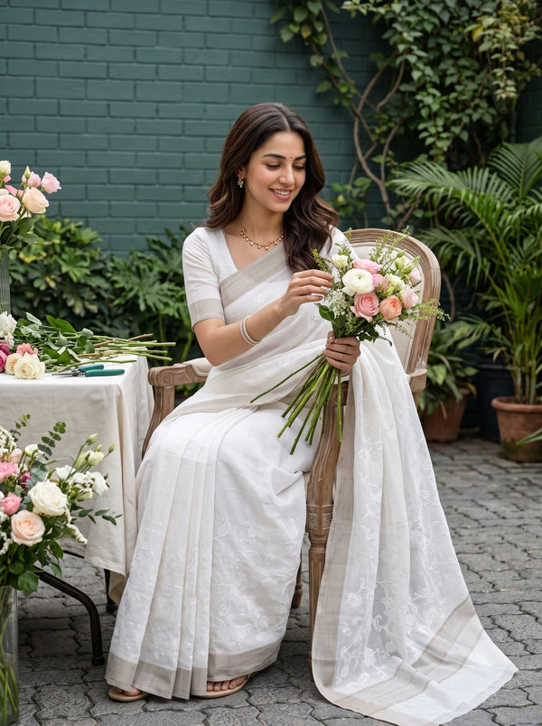 Cotton Off-White Self-Tone Floral Paisley Jacquard Saree with Striped Border
