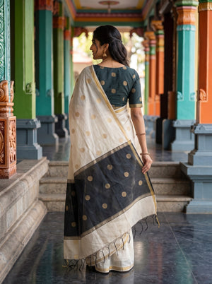 Cotton Silver Grey Black Golden Coin Motif Saree