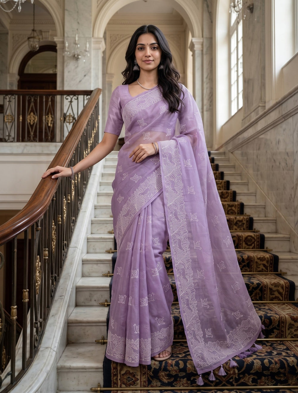 Organza Lilac Saree with Bird Motif Embroidery