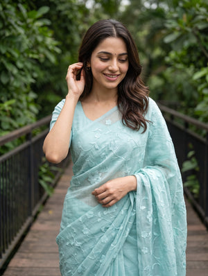 Linen Mint blue Allover Floral Vine Embroidered Saree with Tassels