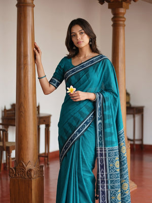 Cotton Teal Navy Ikat Rosette Medallion Border Tasseled Saree