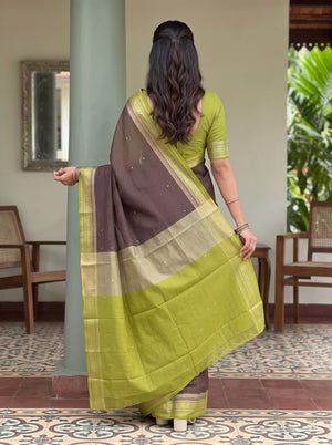 Semi Chanderi Silk Maroon Checkered Gold Zari Border Saree