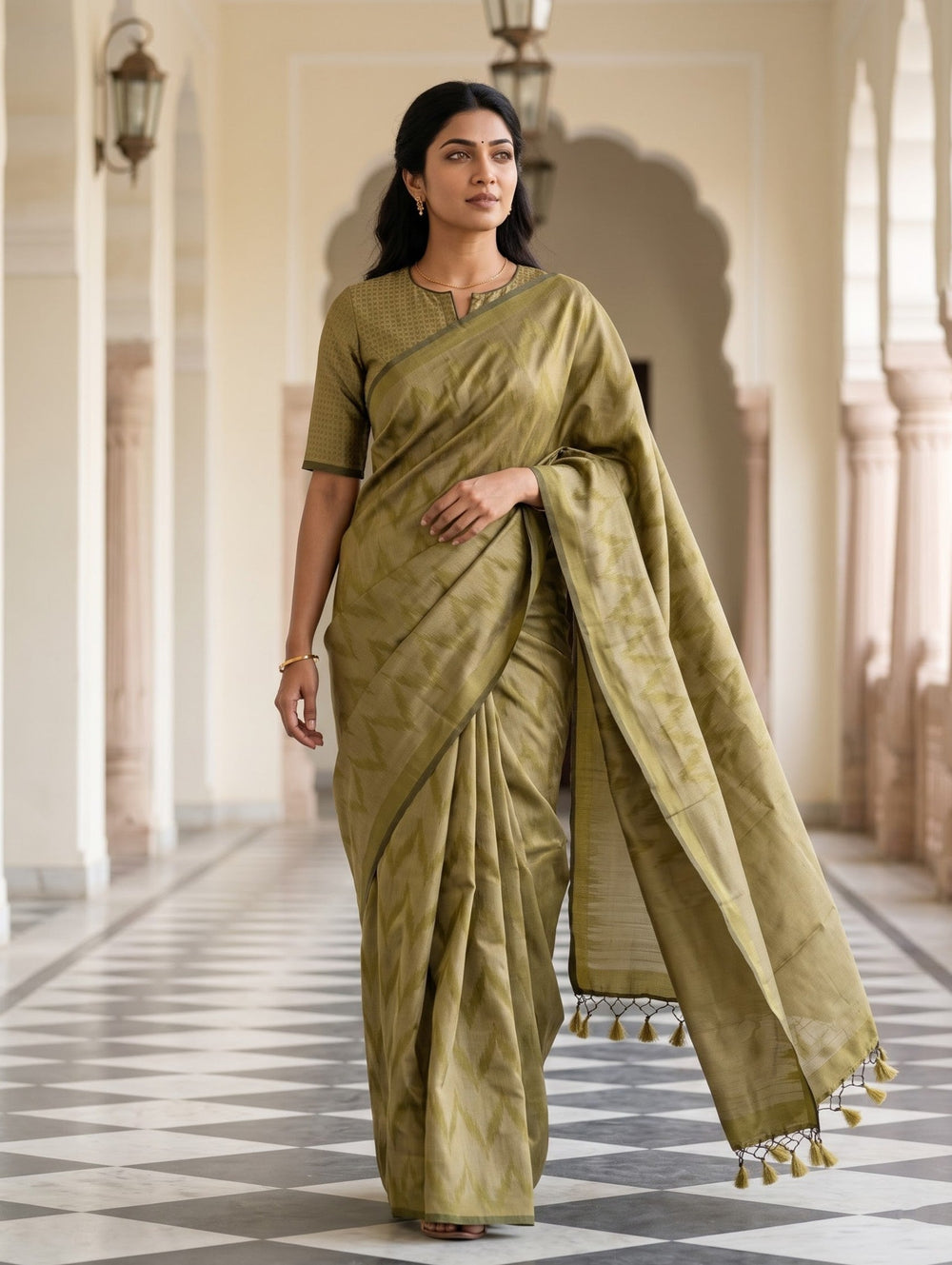 Matka Silk Olive Golden Zigzag Weave Saree with Tassels