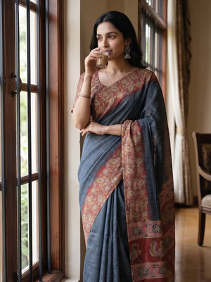 Cotton Charcoal Grey Saree with Paisley Printed Pallu and Peacock Motifs