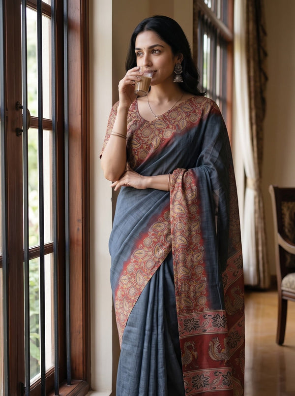 Cotton Charcoal Grey Saree with Paisley Printed Pallu and Peacock Motifs