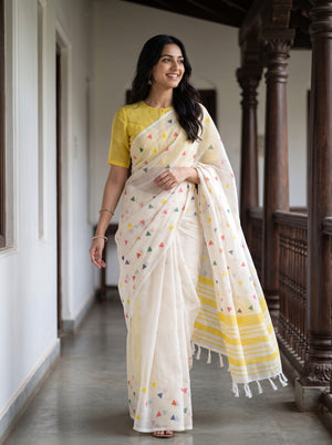 Cotton White Saree with Multicolor Triangle Print and Yellow Border