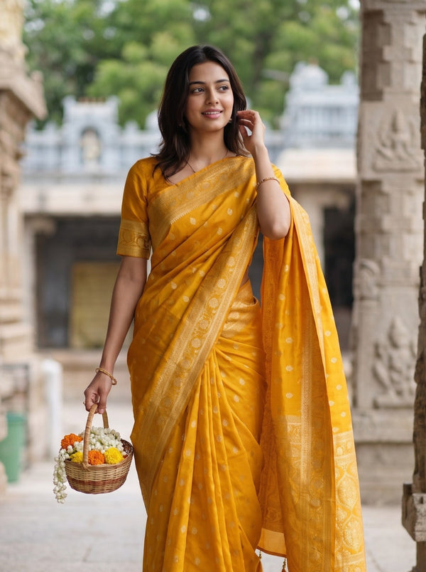 Banarasi Saree in Mustard Yellow with Golden Floral Medallion Pallu