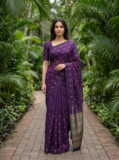 Cotton Silk Purple Saree with Zari Geometric Patterned Pallu