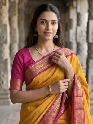 Semi Silk Mustard Yellow Golden Pinstripe Saree with Magenta Zari Border