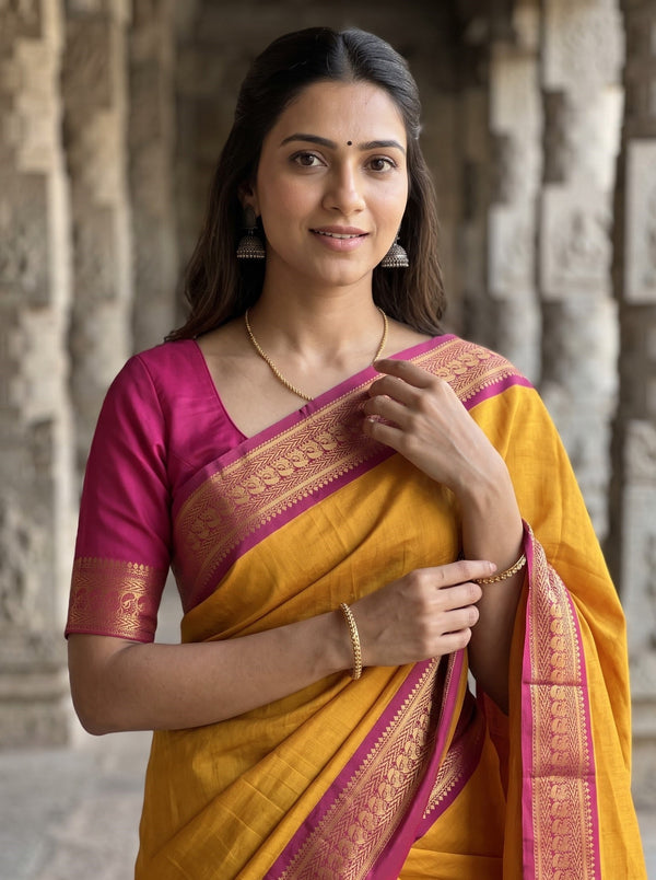 Semi Silk Mustard Yellow Golden Pinstripe Saree with Magenta Zari Border