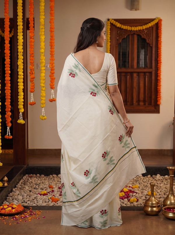 Cotton Off-White Green Red Berry Print Onam Special Kerala Saree