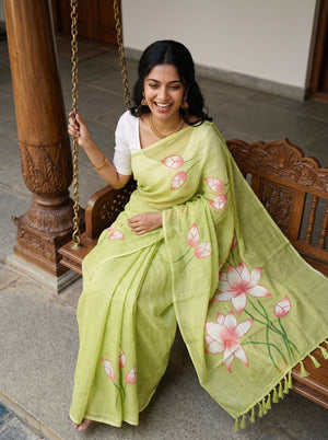 Cotton Lime Green Saree with Watercolor Lotus Flower Print