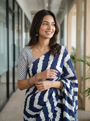 Cotton Navy Blue Paisley Medallion Block Print Saree