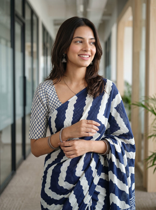 Cotton Navy Blue Paisley Medallion Block Print Saree