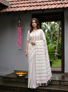 Cotton Cream Multicolour Striped Tassel Pattern Saree