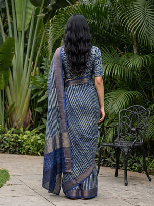 Pure Chanderi Navy Grey Brush Stripe Print Antique Copper Zari Border Saree