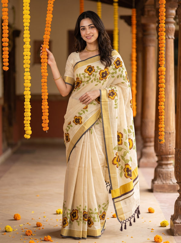 A woman wearing a cream-colored floral saree stands in a corridor decorated with hanging orange marigold garlands. The saree has yellow and green sunflower motifs and a yellow border with black trim.